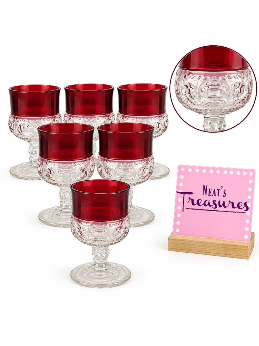 Tiffin Franciscan KINGS CROWN Ruby Flash Thumbprint Juice Goblet Glass Set 6